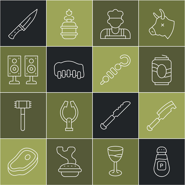 线条风格的胡椒、肉切割器、汽水罐、厨师、烤猪肉排骨、立体声扬声器和串烧图标。矢量图。图片下载