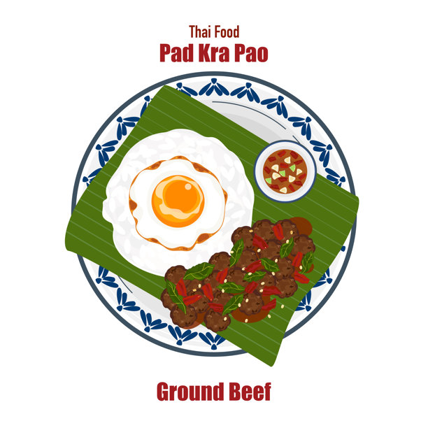 一组扁平风格的横幅矢量插图，美味的食物。泰国菜，单点菜，炒罗勒配煎蛋的巴东咖喱。俯视角度的烹饪，食谱，菜单，餐厅食品设计。图片下载