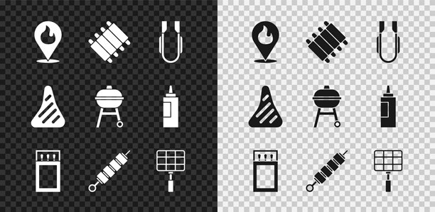 设置地点与火焰，烤猪肉排，肉夹子，火柴盒和火柴，串烧，烧烤钢网，牛排和烧烤图标。矢量图。图片下载