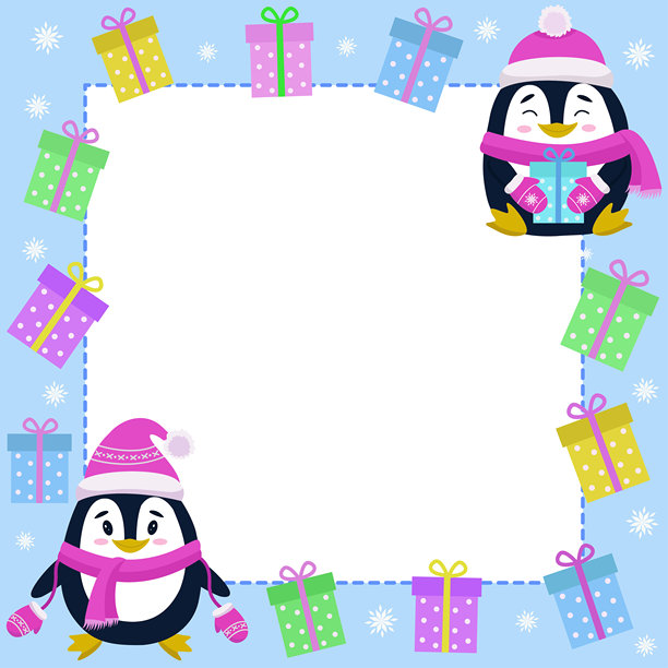 新年照片框，带有企鹅、礼物和雪花。矢量照片框。透明背景。儿童插图。图片下载