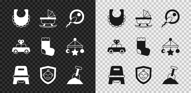 婴儿围嘴、婴儿车、精子、便盆、沙箱、玩具车和袜子图标矢量素材图片下载