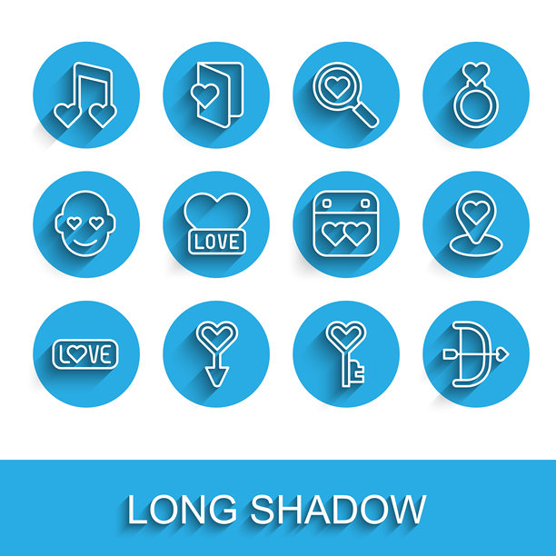 爱心文字、女性性别符号、带爱心的音符、钥匙、弓箭、心形、位置和日历图标矢量素材图片下载