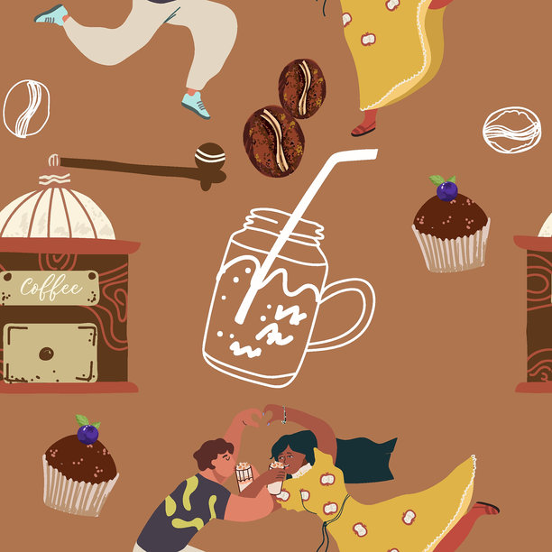 无缝背景，包含咖啡符号和配件。适用于餐厅、包装、菜单和室内设计、包装纸、菜单。手绘矢量插图。图片下载