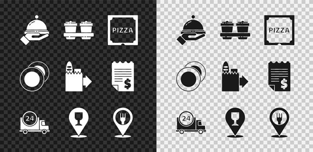 餐具覆盖在食物托盘上，外带咖啡杯，纸箱里的比萨，快速送达，酒精或啤酒吧位置，咖啡馆和餐厅，盘子和在线订购图标。矢量图。图片下载