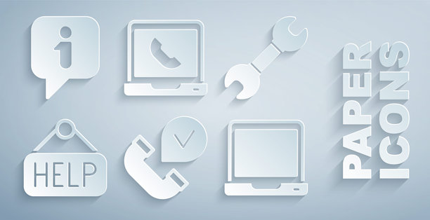电话听筒、扳手、带帮助文本的标牌、笔记本电脑、24小时支持和信息图标矢量素材图片下载