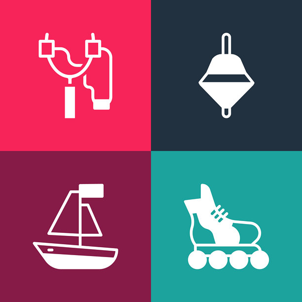 波普艺术风格的溜冰鞋、玩具船、风车玩具和弹弓图标矢量素材图片下载