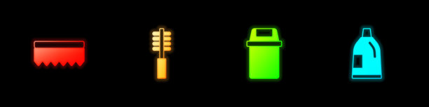 海绵、马桶刷、垃圾桶和清洁剂瓶图标矢量素材图片下载