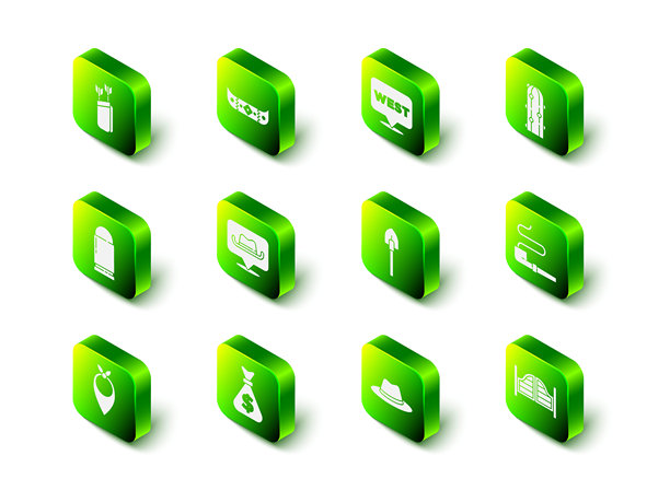 皮划艇或独木舟和桨、指向狂野西部的指针、仙人掌、烟斗、酒吧门、铲子、西部牛仔帽和钱袋图标矢量素材图片下载