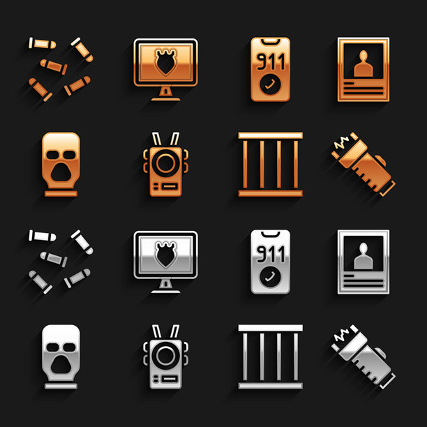 警察执法记录仪，通缉令海报，电击器，监狱窗户，面罩，拨打911电话，子弹和数据库图标。矢量图。图片下载