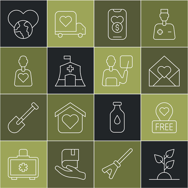 志愿者植树团队、爱心地点、情人节信封、捐赠慈善、紧急医疗帐篷、世界关爱与教师图标组合矢量素材图片下载