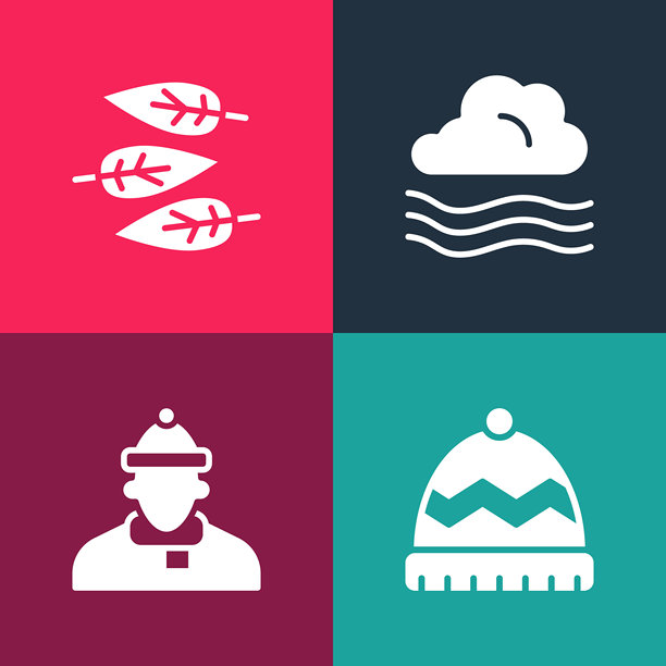 波普艺术风格的冬季帽子、秋季服装、多风天气和树叶图标矢量素材图片下载