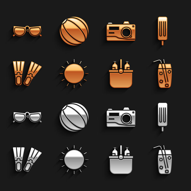 夕阳、冰淇淋、鸡尾酒和酒精饮料、冷却包水、橡胶脚蹼、相机、眼镜和沙滩球图标。矢量图。图片下载