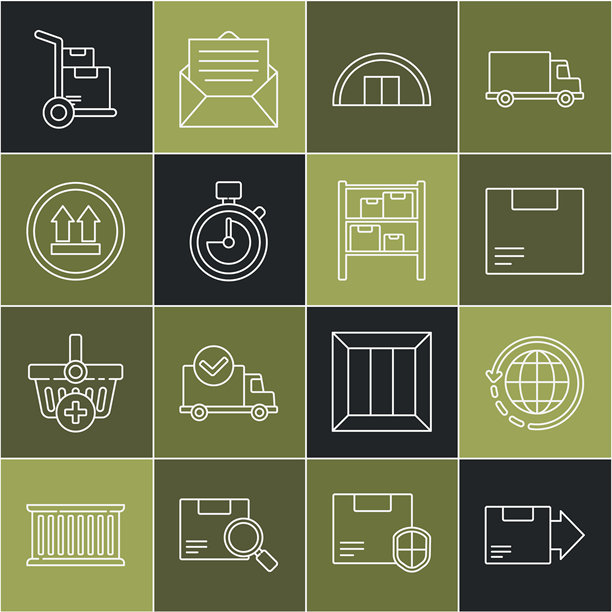 纸箱、全球运输、仓库、秒表、此面朝上、手推车箱子和图标。矢量图图片下载