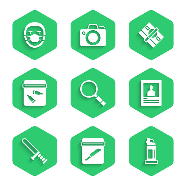 放大镜与搜索，证据袋刀具，喷雾剂，通缉海报，警用橡胶警棍，子弹，纸币现金堆，医生病理学家图标。矢量图。图片下载