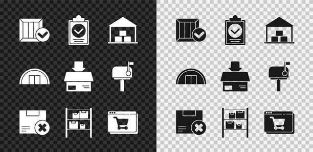 带勾的木箱，交付清单的验证夹，仓库，纸箱和删除，在线购物屏幕及图标。矢量图。图片下载