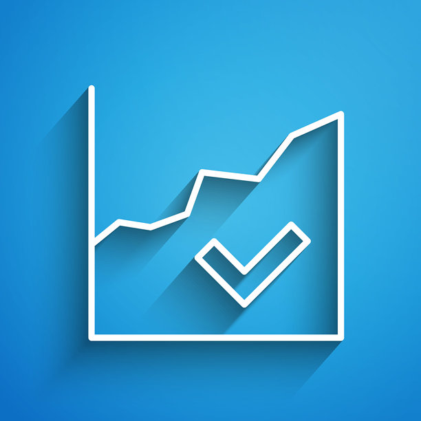 白色线条的财务增长图标，背景为蓝色。收入增加。长阴影。矢量图。图片下载