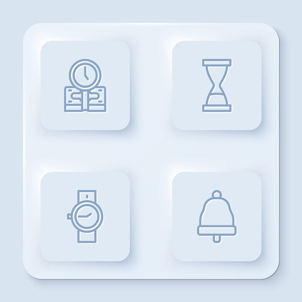 时间就是金钱，古老的沙漏，手表和响铃。白色方形按钮。矢量图。图片下载