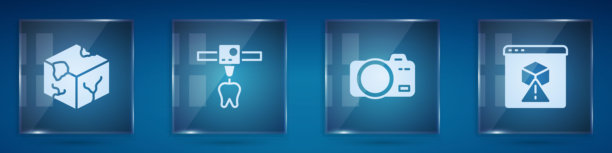 等距立方体、3D打印机齿轮、相机和方形玻璃面板。矢量图。图片下载