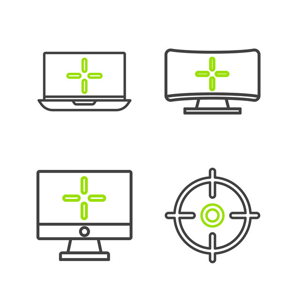 目标运动、计算机显示器和笔记本电脑图标。矢量图。图片下载