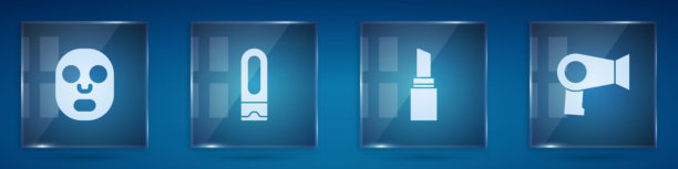 面部化妆面膜、洗发水瓶、口红和吹风机方形玻璃面板矢量素材图片下载