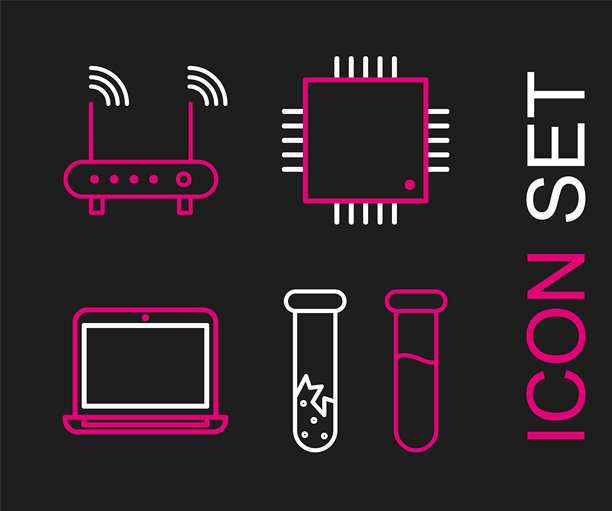 试管和烧瓶，笔记本电脑，带微电路的处理器CPU和路由器Wi-Fi信号图标。矢量图。图片下载