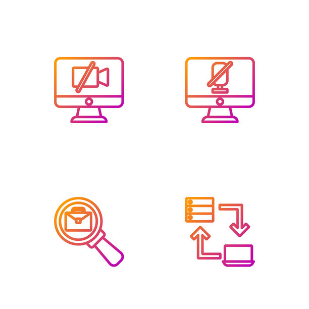 在线办公、公文包放大镜、电脑端关闭视频摄像头和静音麦克风组合渐变色图标矢量素材图片下载