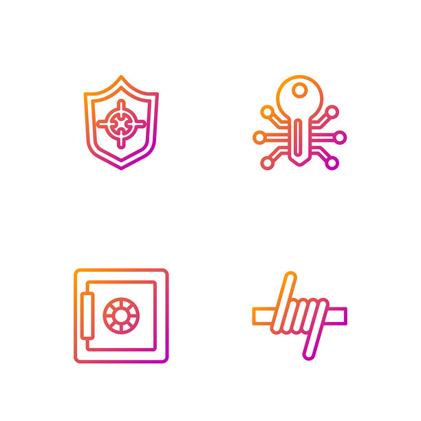 带刺铁丝网、保险箱、盾牌和智能钥匙图标图片下载