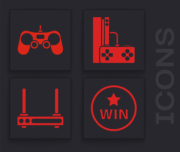 奖章、游戏手柄、带操纵杆的游戏机及路由器和无线网络信号图标矢量素材图片下载