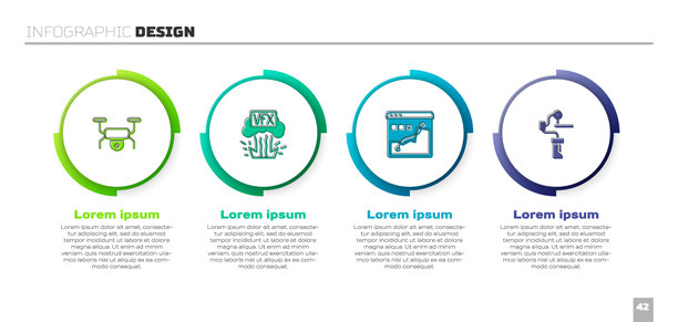 无人机飞行，视觉特效，直方图摄影和相机云台稳定器。商业信息图模板。矢量图。图片下载