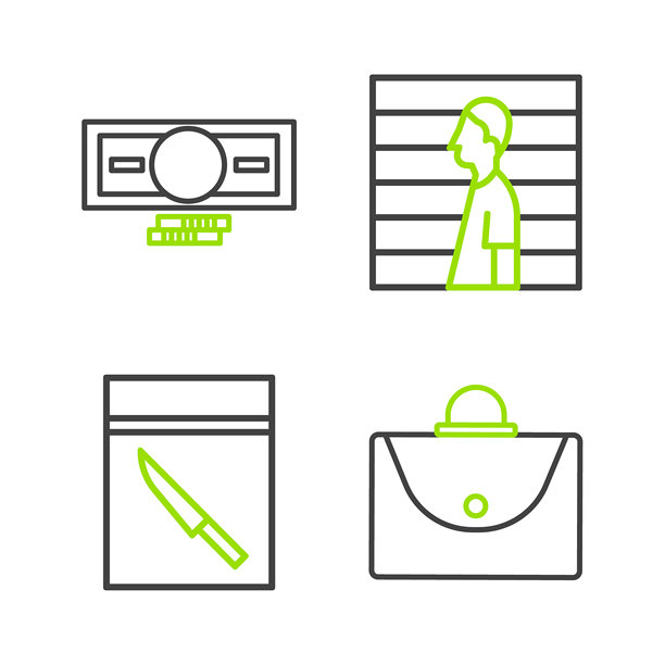 公文包、证据袋和刀、嫌疑犯和一叠纸币图标矢量素材图片下载