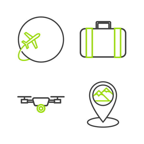 设置带有山脉的地图指针，飞行中的无人机视频摄像机，旅行用行李箱和地球飞机图标。矢量图。图片下载