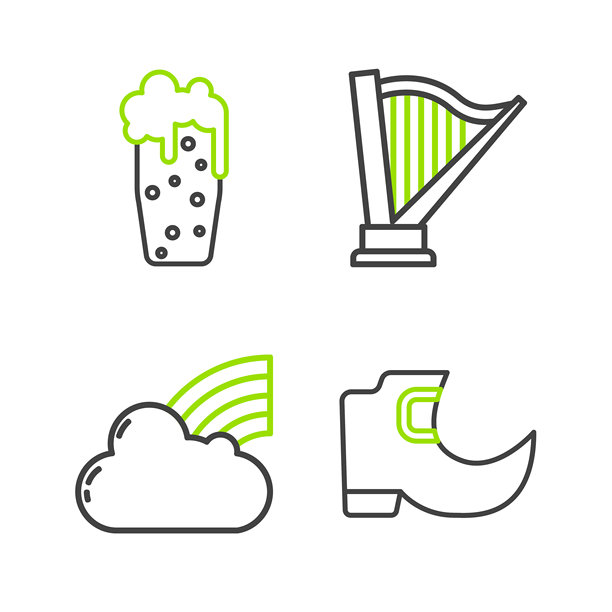 传统矮精灵靴子、彩虹云朵、竖琴和啤酒杯图标矢量素材图片下载