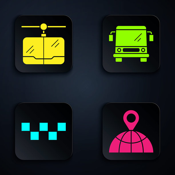 地球上的位置、缆车、出租车顶和公共汽车黑色方形按钮矢量素材图片下载
