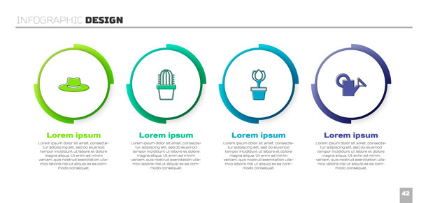 园丁工作帽、仙人掌（佩约特）盆栽、郁金香花和浇水壶。商业信息图模板。矢量图。图片下载