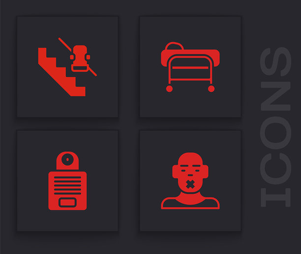 聋哑人标志、残疾人电梯、担架和对讲机图标。矢量图。图片下载