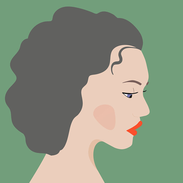 时尚女性肖像：欧洲黑发女子侧脸，扁平风格设计，适用于着陆页、banner、社交媒体头像，彩色矢量插画图片下载