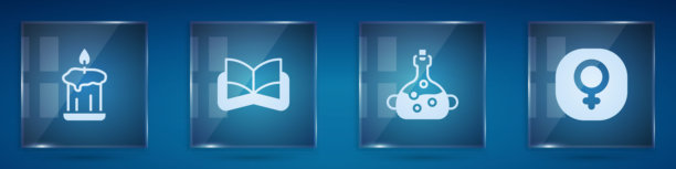 燃烧的蜡烛、古代魔法书、毒药瓶和维纳斯玻璃面板矢量素材图片下载