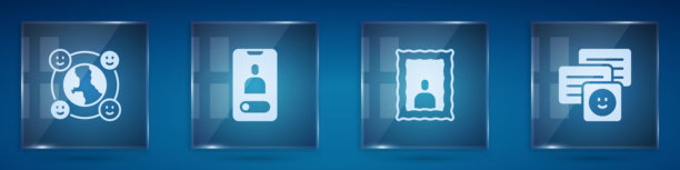 国际社区、来电移动、相框和聊天消息笔记本电脑图标组合，方形玻璃面板，矢量素材图片下载