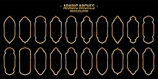 伊斯兰风格边框：金色阿拉伯图案、窗户和拱门，传统装饰banner，斋月主题，现代东方建筑矢量素材图片下载