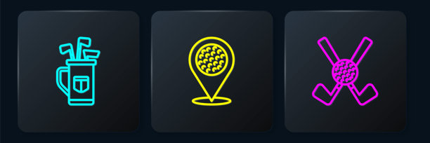 高尔夫球包、高尔夫球和运动定位图标黑色方形按钮矢量素材图片下载