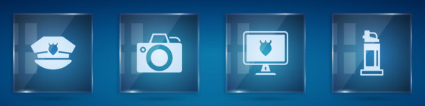 设置带帽徽的警帽、照相机、数据库和辣椒喷雾。方形玻璃面板。矢量图片下载