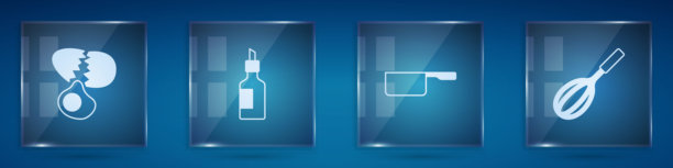 碎鸡蛋、橄榄油瓶、平底锅和厨房搅拌器方形玻璃面板矢量素材图片下载