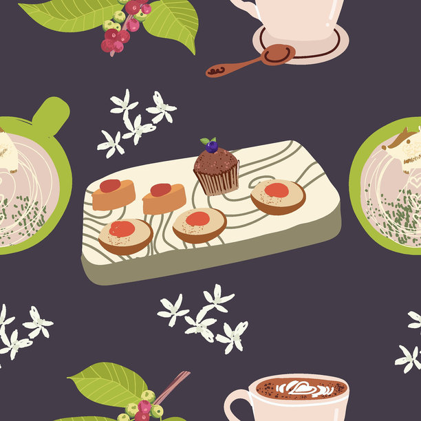 无缝背景，包含咖啡符号和配件。适用于餐厅、包装、菜单和室内设计、包装纸、菜单。手绘矢量插图。图片下载