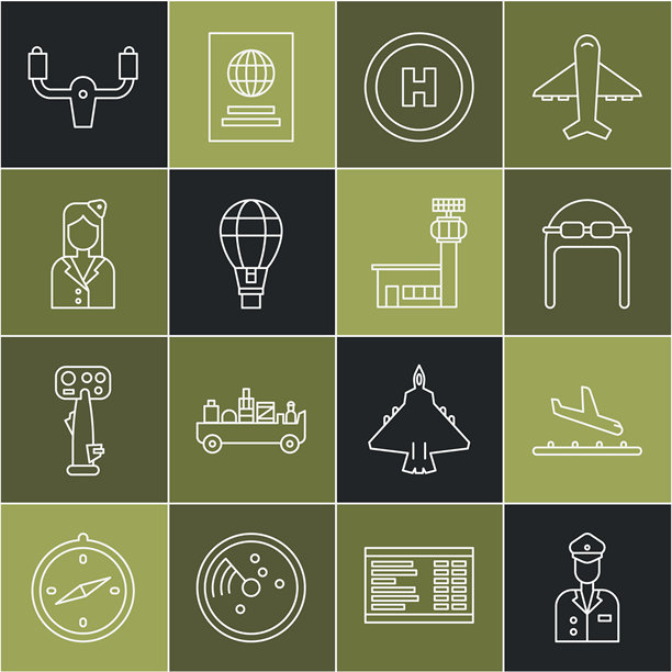 飞行员、飞机着陆、带护目镜的飞行员帽、直升机停机坪、热气球、空姐、飞机操纵舵和机场控制塔图标矢量素材图片下载