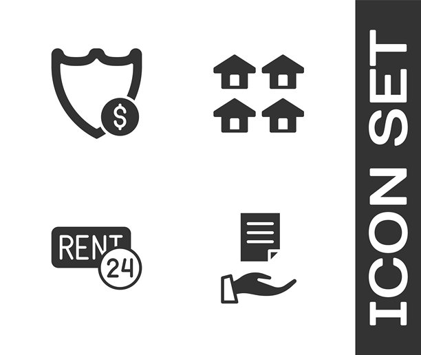 房屋合同、带美元的盾牌、租赁和房地产图标。矢量图。图片下载