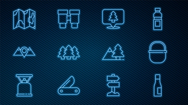 水瓶、露营锅、森林位置、森林、山脉、地图、树木山脉和双筒望远镜图标矢量素材图片下载