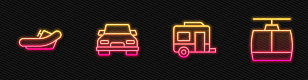 露营拖车、漂流船、汽车和缆车的线条图标。发光的霓虹图标。矢量图。图片下载