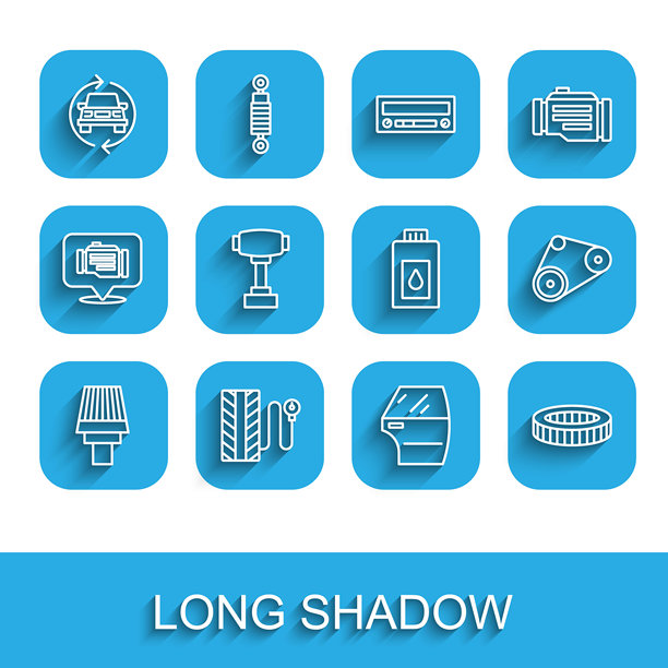 汽车空气滤清器、轮胎压力计、服务、车门、换挡杆、正时皮带套件和机油罐图标。矢量图。图片下载