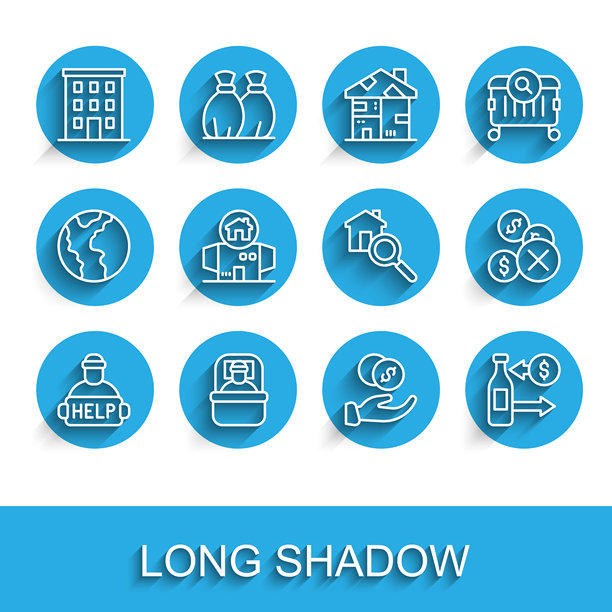 图标集合：帮助无家可归者、睡袋、多层建筑、捐赠钱款、玻璃瓶回收、无家可归纸板房、禁止标志和搜索图片下载