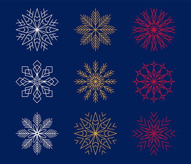 金色、银色和白色雪花在蓝色背景上独立。冬季降雪元素集，用于圣诞节或新年贺卡。可编辑的线条矢量插图。图片下载